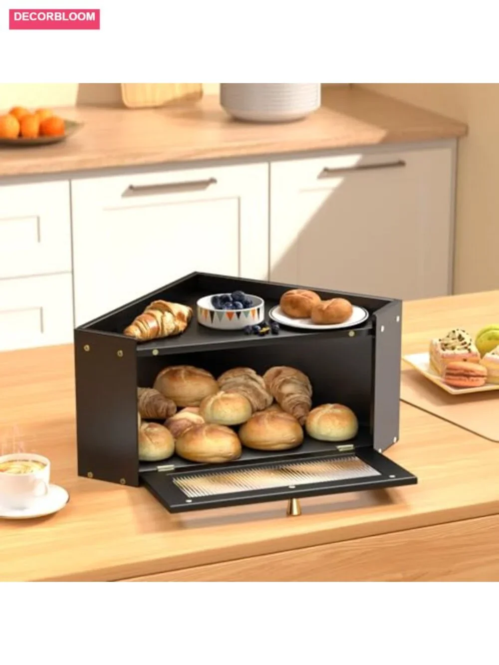Vintage Bamboo Bread Box with Acrylic Window, Farmhouse Kitchen Counter